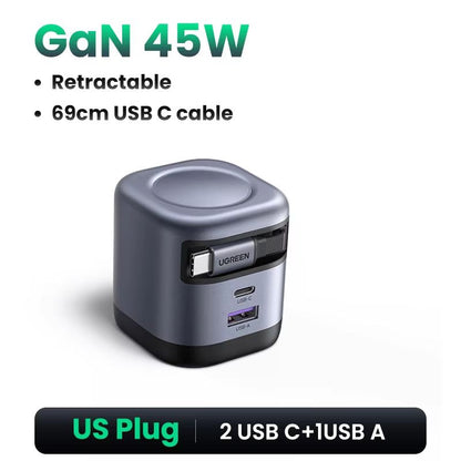 UGREEN 45W GaN Fast Charger With Retractable Cable  Compact PPS QC PD 30 Power Adapter For IPhone S 6