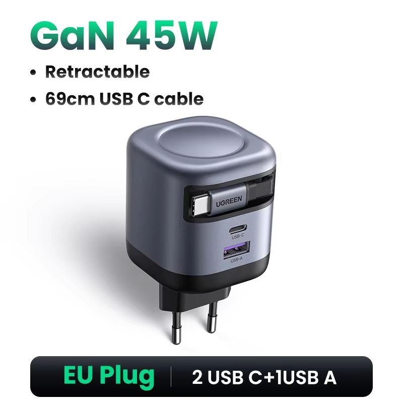 UGREEN 45W GaN Fast Charger With Retractable Cable  Compact PPS QC PD 30 Power Adapter For IPhone S 7
