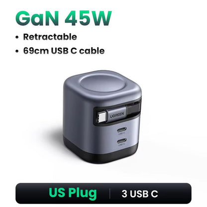 UGREEN 45W GaN Fast Charger With Retractable Cable  Compact PPS QC PD 30 Power Adapter For IPhone S 8