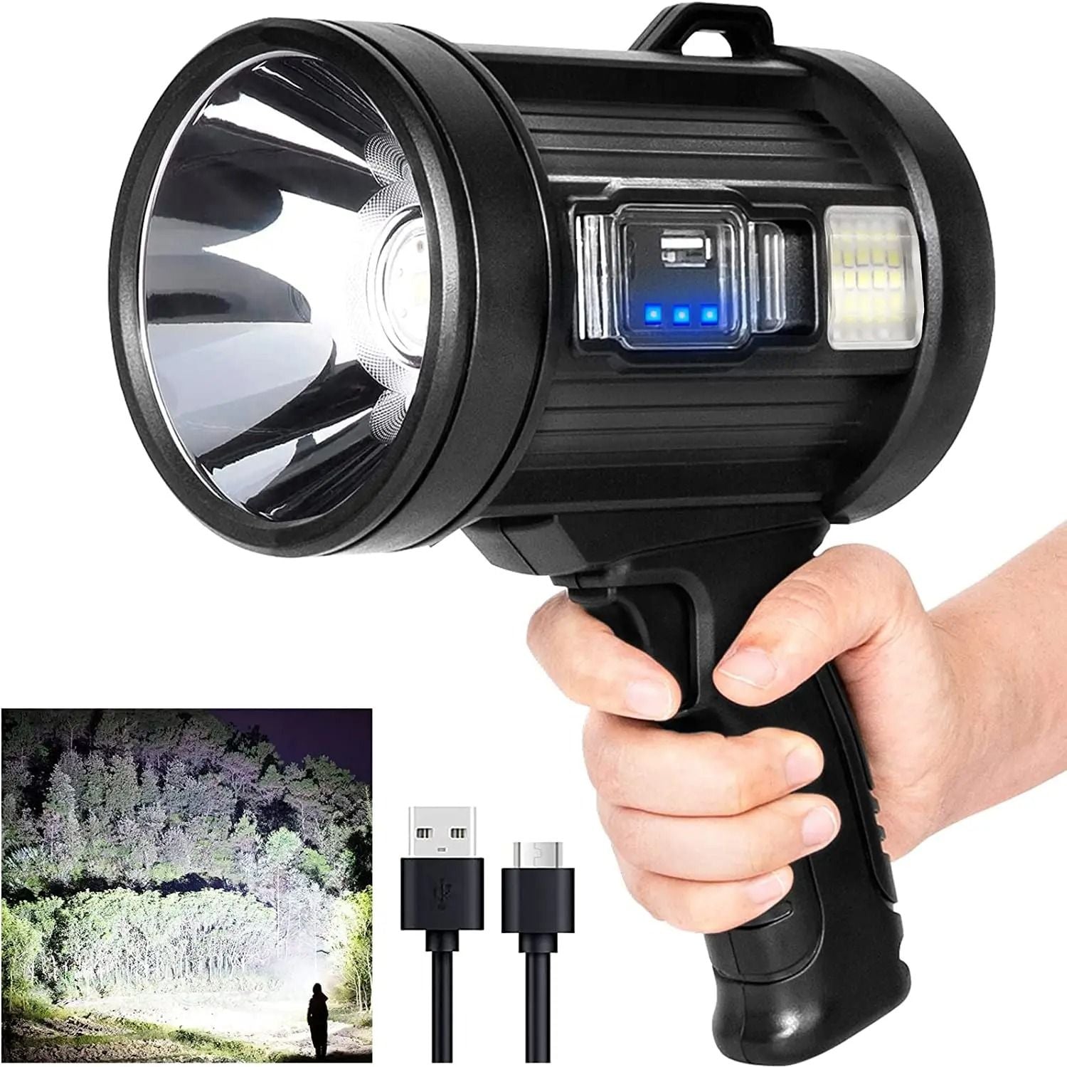 Rechargeable LED Spotlight with Solar Panel and COB Side Light for Camping and Hunting