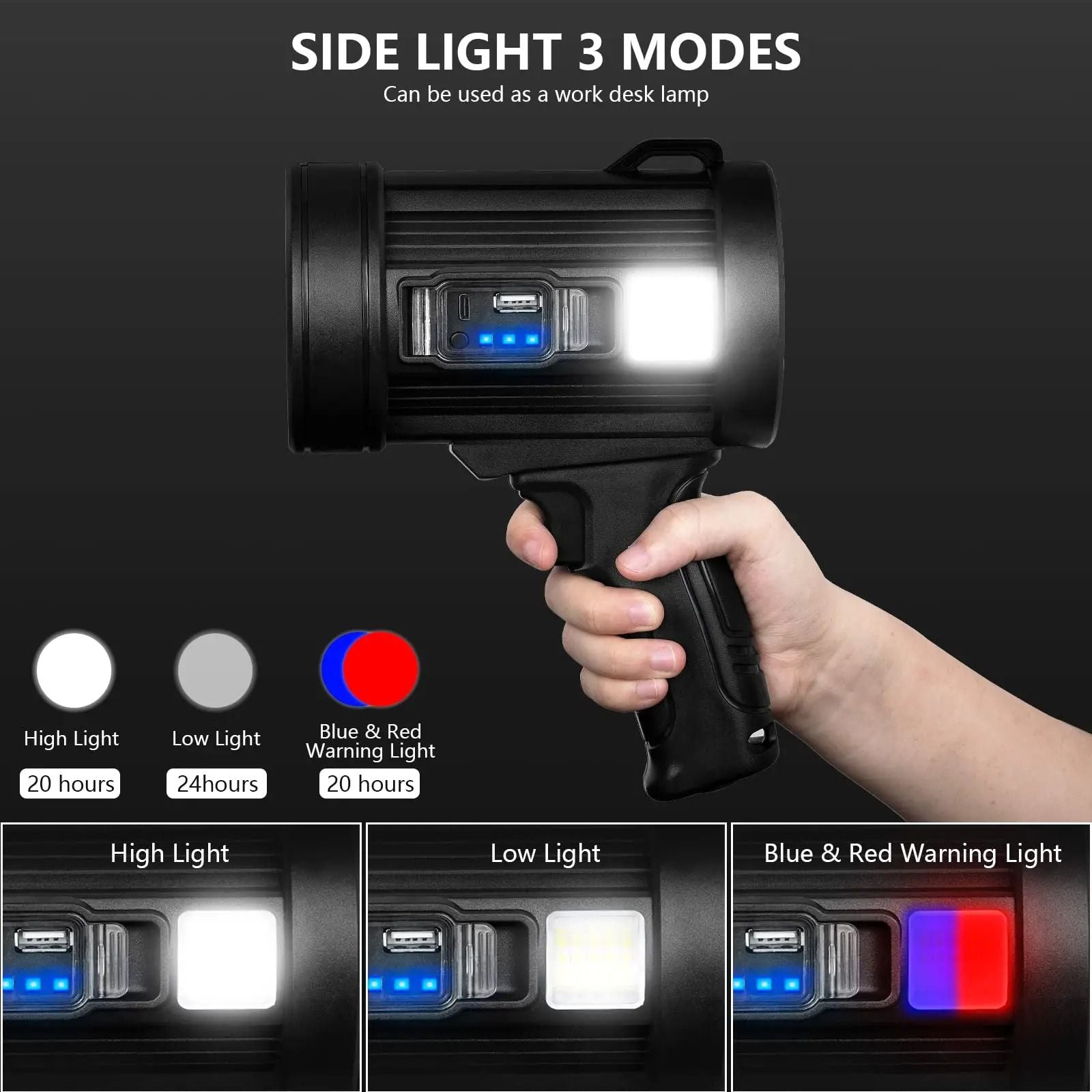 Rechargeable LED Spotlight With Solar Panel And COB Side Light For Camping And Hunting 3