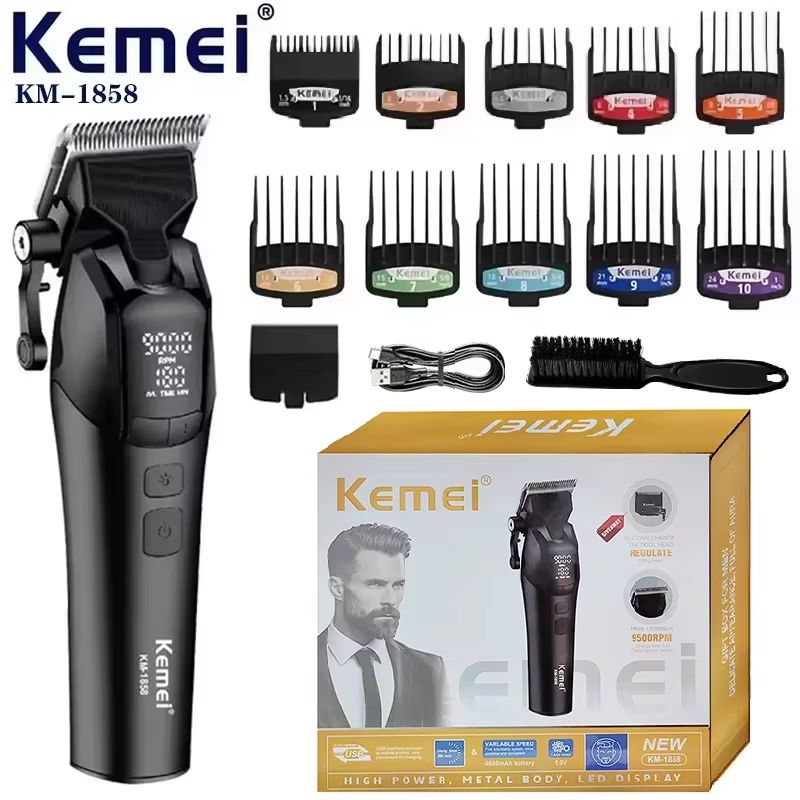 Kemei 1858 Professional Hair Clipper – DLC Blade Cordless Beard Trimmer with LED Light & USB Rechargeable Power
