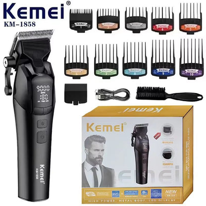 Kemei 1858 Professional Hair Clipper – DLC Blade Cordless Beard Trimmer with LED Light & USB Rechargeable Power