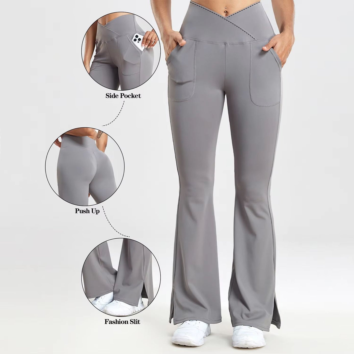 Women's V-Waist Flared Leggings – Slim Fit Streetwear Pants with Side Pockets