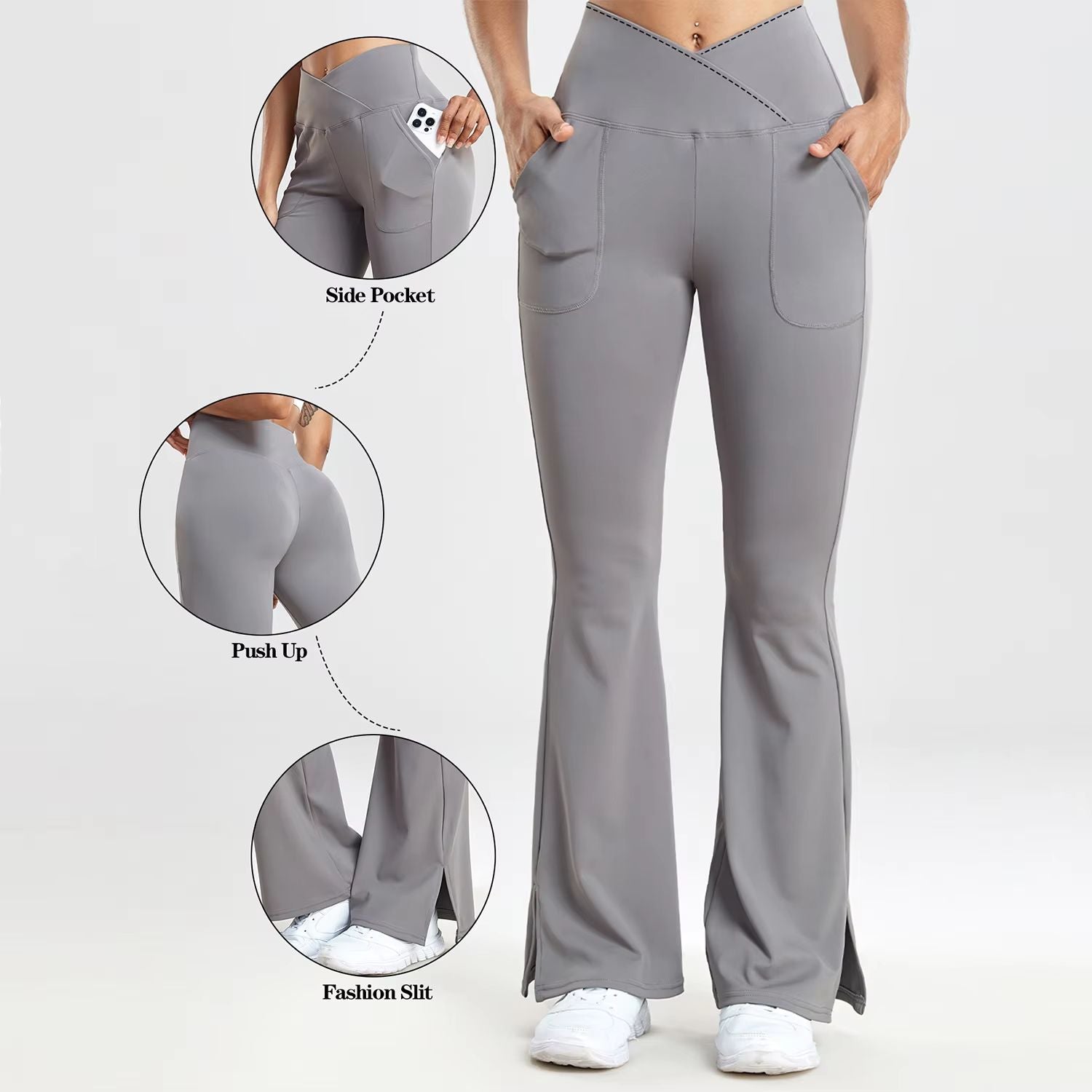 Women's V-Waist Flared Leggings – Slim Fit Streetwear Pants with Side Pockets