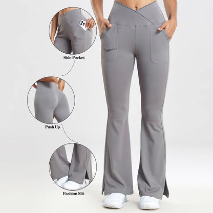 Women's V-Waist Flared Leggings – Slim Fit Streetwear Pants with Side Pockets