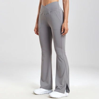 Womens VWaist Flared Leggings  Slim Fit Streetwear Pants With Side Pockets 2