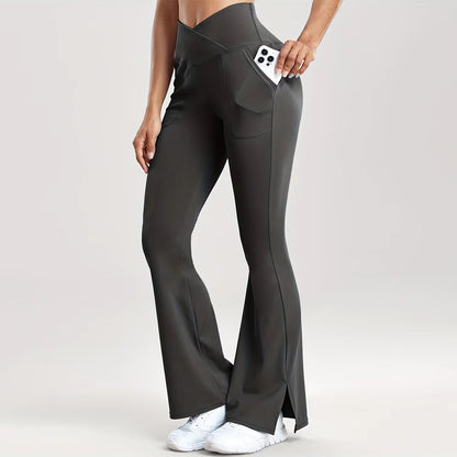 Womens VWaist Flared Leggings  Slim Fit Streetwear Pants With Side Pockets 3