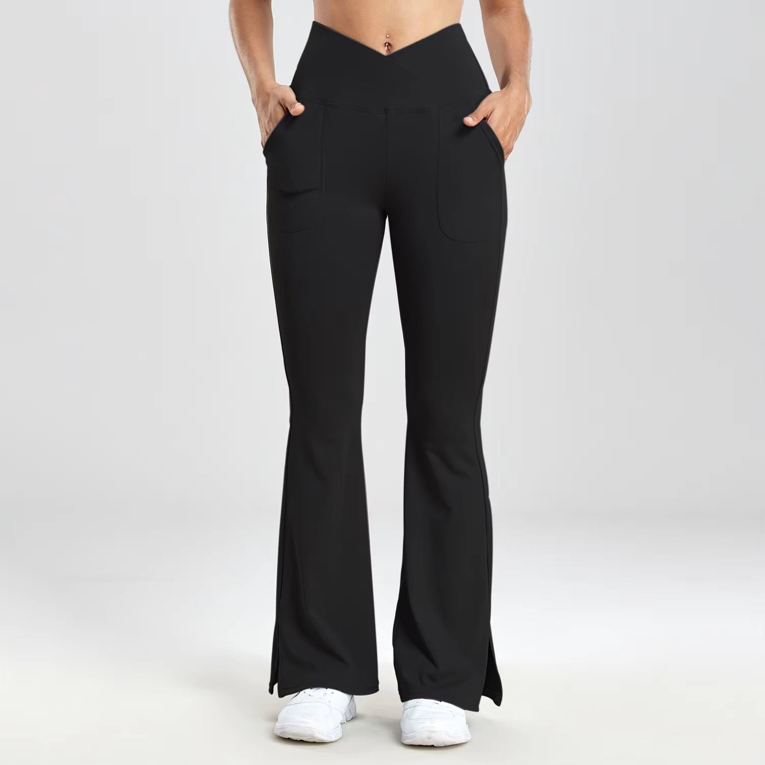 Womens VWaist Flared Leggings  Slim Fit Streetwear Pants With Side Pockets 7