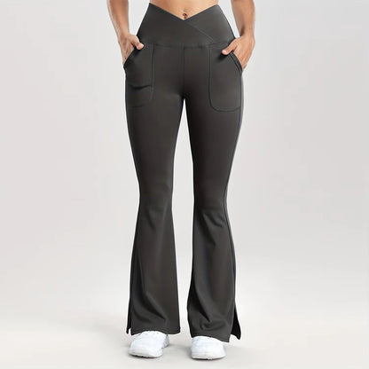 Womens VWaist Flared Leggings  Slim Fit Streetwear Pants With Side Pockets 8