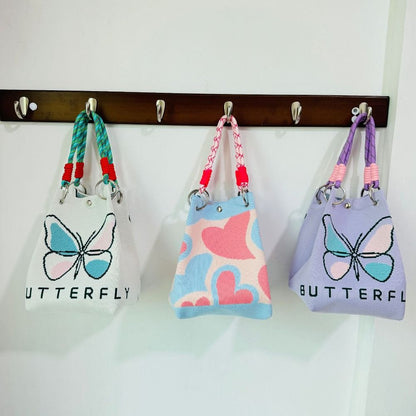 Butterfly Knitted Bucket Bag for Women, Versatile Knitted Wrist Bag Cute Fashion Handbag
