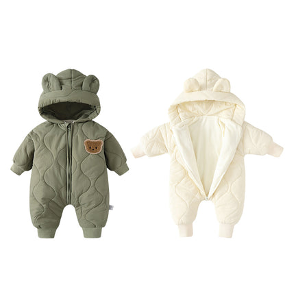 Winter Warm Cartoon Hooded Newborn Baby Rompers Fleece Padded Infant Boys Girls Outdoor Jumpsuits Thick Sherpa Lined