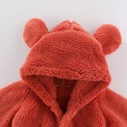 Winter Newborn Baby Girls Boys Warm Fleece Bear Ear Romper Jumpsuit Thick Cozy Infant Hooded Jumpsuit Multi-Color