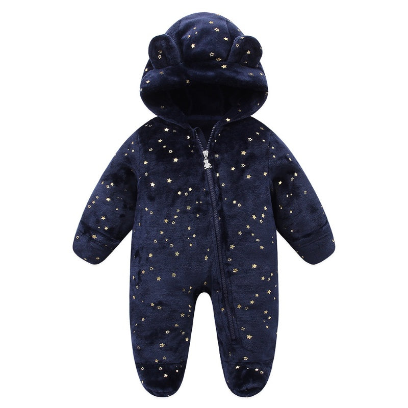 Autumn Winter Newborn Baby Footed Romper Warm Fleece Jumpsuit with Bear Ears Cute Star Cartoon Print One Piece Outfit