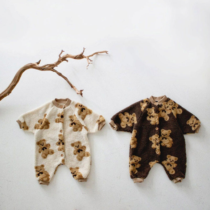 Korean Style Fleece Lined Baby Romper Warm Outfit Cute Bear Lamb Fur Overalls Coat Infant Winter Clothes