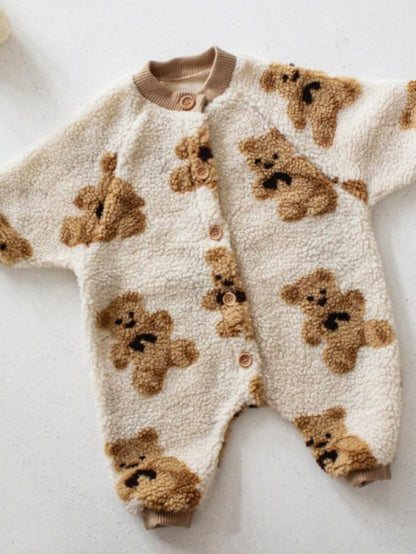 Korean Style Fleece Lined Baby Romper Warm Outfit Cute Bear Lamb Fur Overalls Coat Infant Winter Clothes