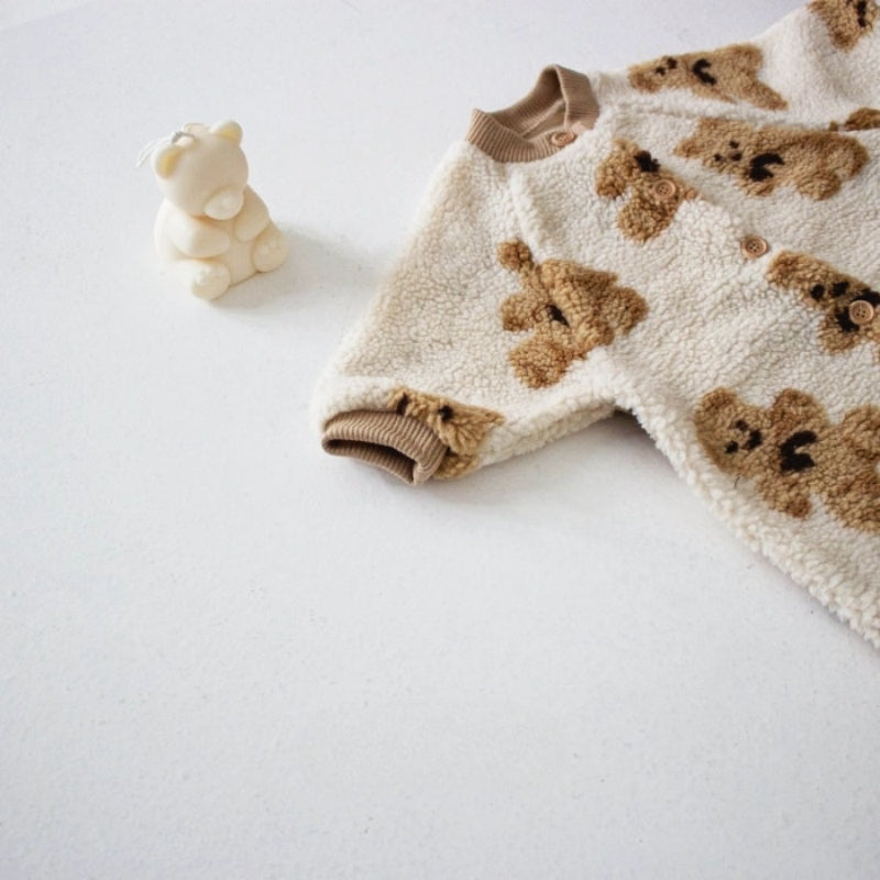 Korean Style Fleece Lined Baby Romper Warm Outfit Cute Bear Lamb Fur Overalls Coat Infant Winter Clothes