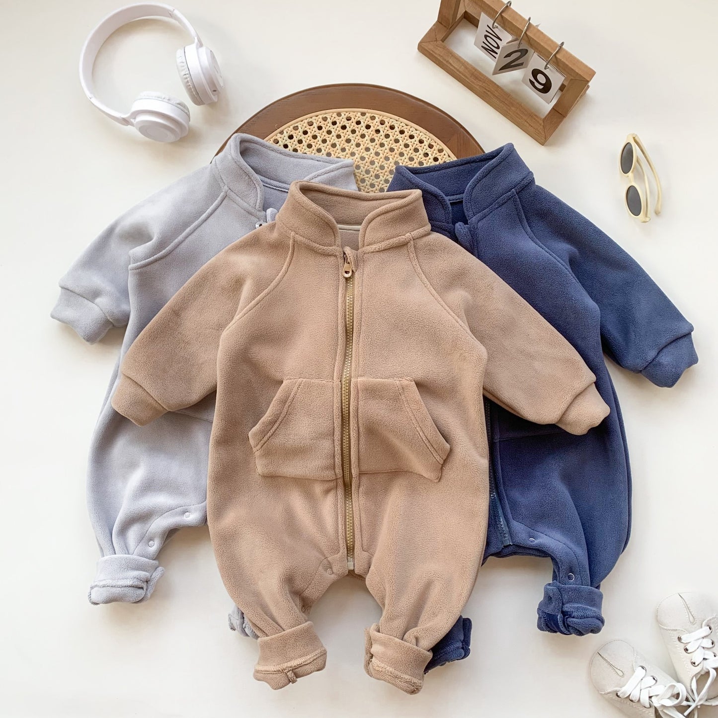 Baby Korean Style Newborn Romper Boys Girls All-Match Fleece Lined Crawling Suit Toddler Zipper Jacket, Cozy Infant