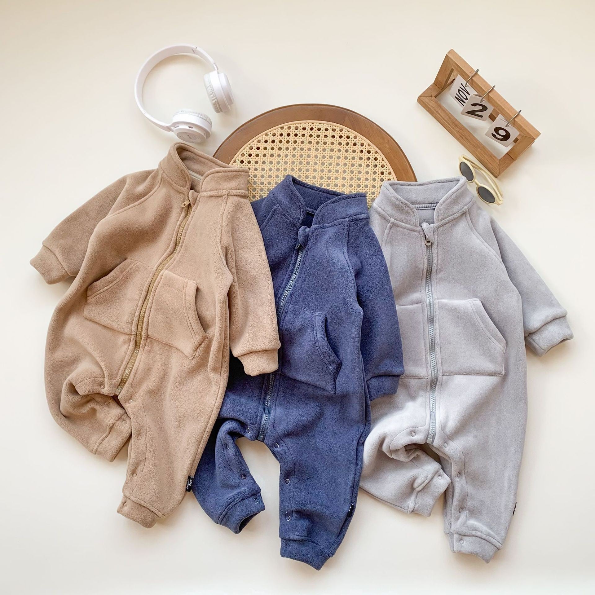 Baby Korean Style Newborn Romper Boys Girls All-Match Fleece Lined Crawling Suit Toddler Zipper Jacket, Cozy Infant