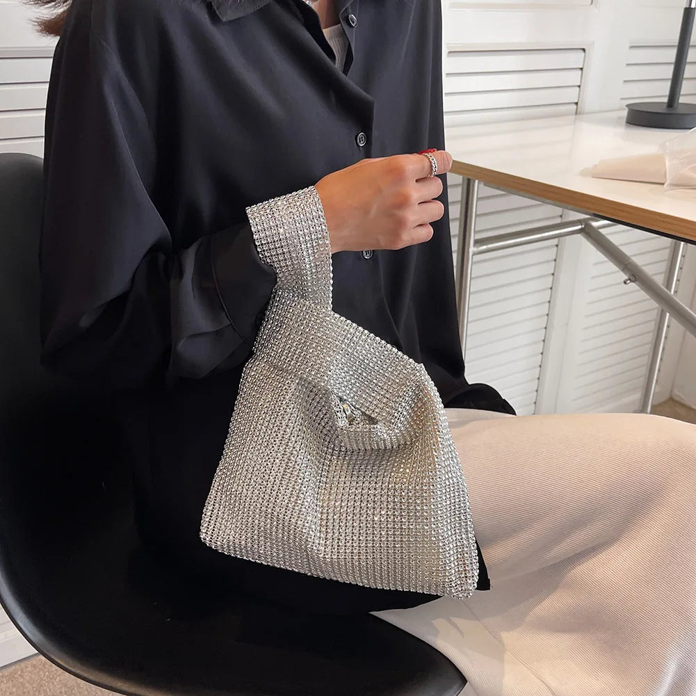 Womens Crystal Bling Bag, Solid Color Rhinestone Sparkly Evening Bags, Versatile Wristlet Party Handbag