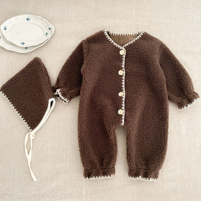 Fleece Lined Unisex Jumpsuit New Winter Baby Romper Cute Shell Stitch Crawling Outfit Soft Warm Infant Romper