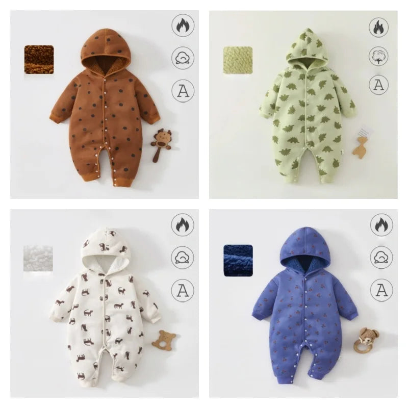 Warm Cotton Newborn Baby Romper Autumn Winter Double Wear Hooded Jumpsuit with Print, Long Sleeve Outfit Keeps Baby