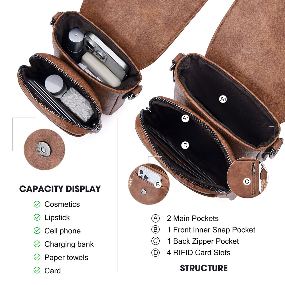 Vintage Womens Shoulder Crossbody Bag with Adjustable Wide Strap, Multi-Zipper Compartments Wallet Phone Pouch
