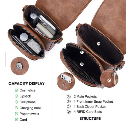 Vintage Womens Shoulder Crossbody Bag with Adjustable Wide Strap, Multi-Zipper Compartments Wallet Phone Pouch