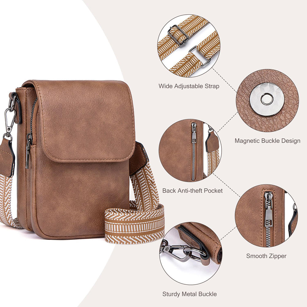 Vintage Womens Shoulder Crossbody Bag with Adjustable Wide Strap, Multi-Zipper Compartments Wallet Phone Pouch