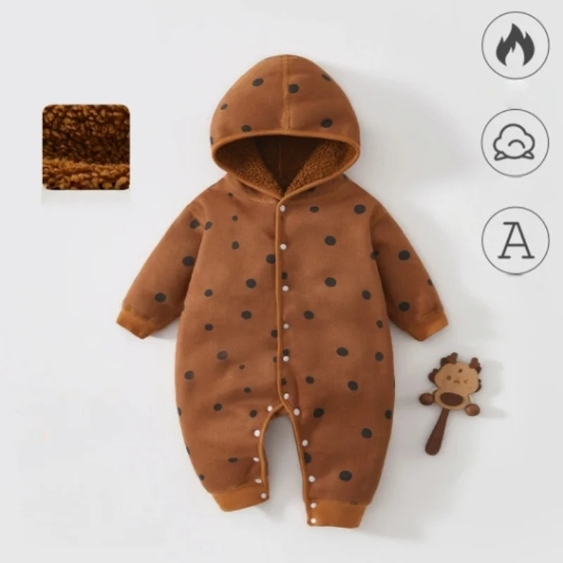 Warm Cotton Newborn Baby Romper Autumn Winter Double Wear Hooded Jumpsuit with Print, Long Sleeve Outfit Keeps Baby