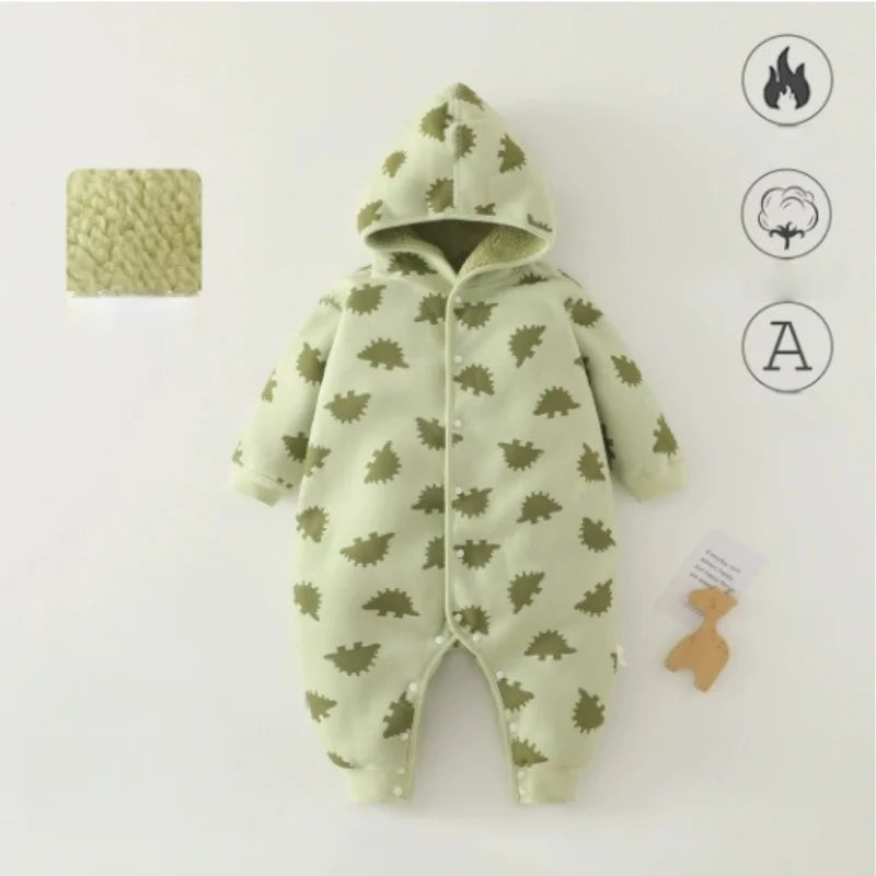 Warm Cotton Newborn Baby Romper Autumn Winter Double Wear Hooded Jumpsuit with Print, Long Sleeve Outfit Keeps Baby