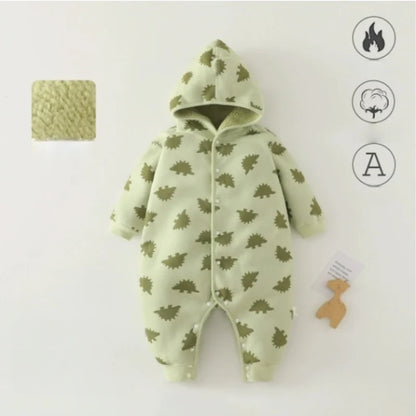 Warm Cotton Newborn Baby Romper Autumn Winter Double Wear Hooded Jumpsuit with Print, Long Sleeve Outfit Keeps Baby