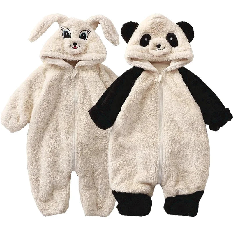 Soft Fleece Baby Winter Romper Cartoon Panda Bunny Hooded Jumpsuit for Boy Girl Clothes, Thick Toddler Sleepwear