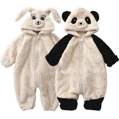 Soft Fleece Baby Winter Romper Cartoon Panda Bunny Hooded Jumpsuit for Boy Girl Clothes, Thick Toddler Sleepwear
