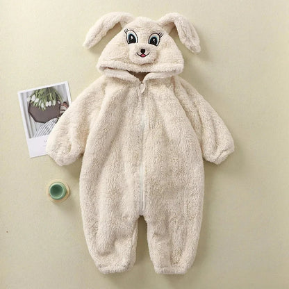 Soft Fleece Baby Winter Romper Cartoon Panda Bunny Hooded Jumpsuit for Boy Girl Clothes, Thick Toddler Sleepwear