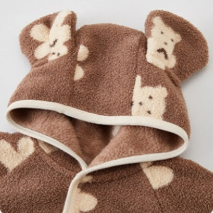 Warm Animal Print Hooded Romper Autumn Winter Newborn Baby Onesie Jumpsuit Outwear for Infant Boys Girls