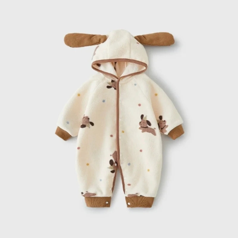 Warm Animal Print Hooded Romper Autumn Winter Newborn Baby Onesie Jumpsuit Outwear for Infant Boys Girls