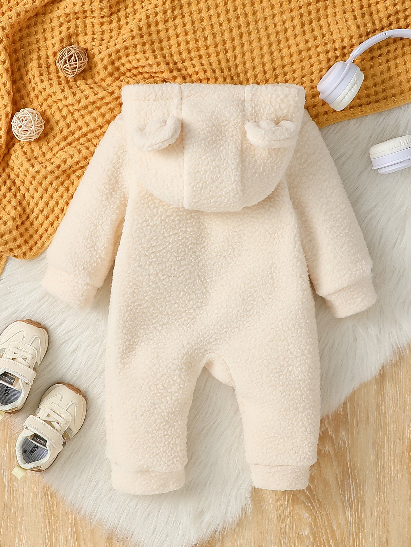 Cut Lovely Newborn Baby Girl Boy Fleece Jumpsuit Autumn Winter Solid Color, Long Sleeve Full Length Hooded Warm Romper