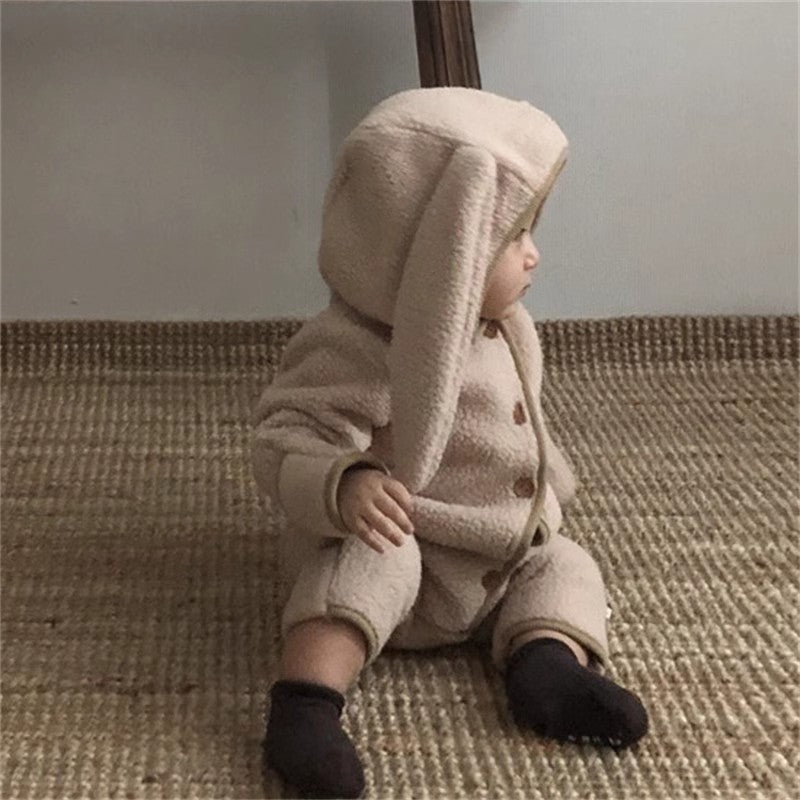 Velvet Autumn Winter Baby Fleece One-piece Kid Casual Jumpsuit, Solid Rabbit Ears Cardigan Romper for Girl or Boy