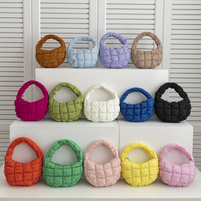 Elegant Purple Quilted Circle Phone Purse, Fashion Mini Puffer Tote Bag & Padded Key Pouch in Soft Nylon
