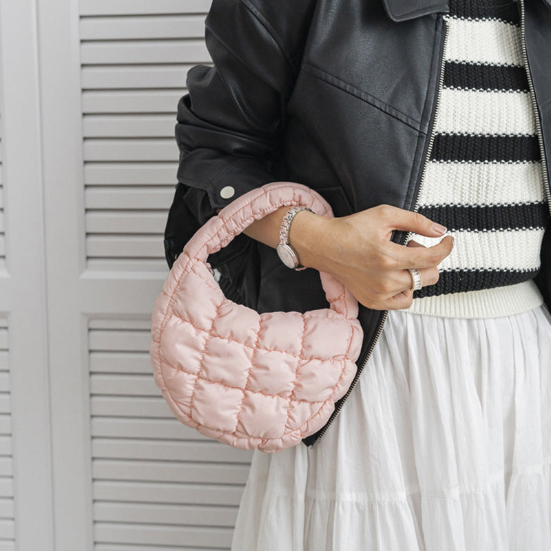 Elegant Purple Quilted Circle Phone Purse, Fashion Mini Puffer Tote Bag & Padded Key Pouch in Soft Nylon