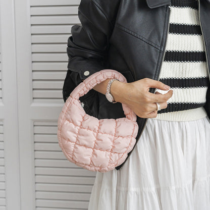 Elegant Purple Quilted Circle Phone Purse, Fashion Mini Puffer Tote Bag & Padded Key Pouch in Soft Nylon