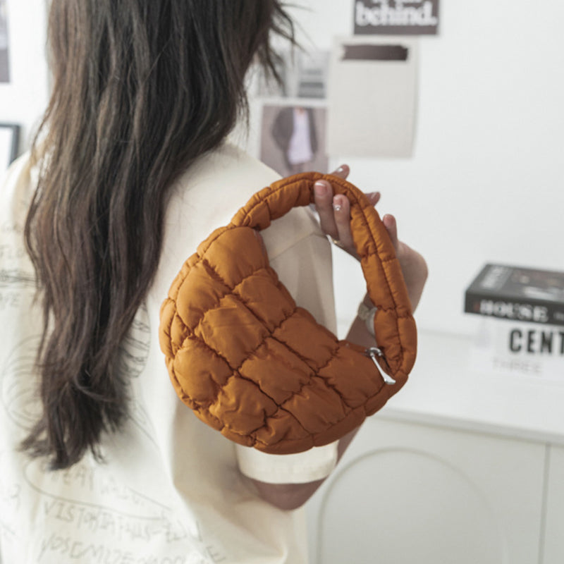 Elegant Purple Quilted Circle Phone Purse, Fashion Mini Puffer Tote Bag & Padded Key Pouch in Soft Nylon