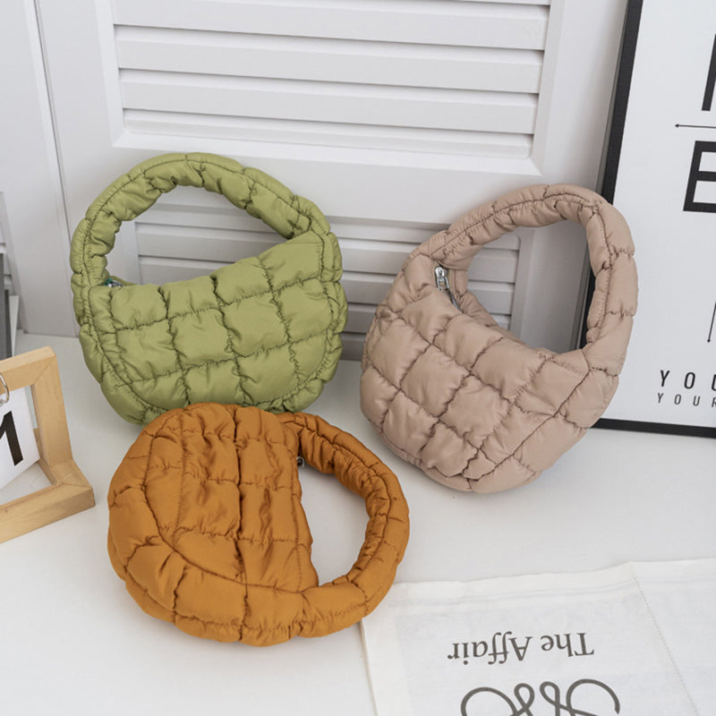 Elegant Purple Quilted Circle Phone Purse, Fashion Mini Puffer Tote Bag & Padded Key Pouch in Soft Nylon