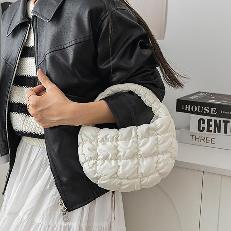 Elegant Purple Quilted Circle Phone Purse, Fashion Mini Puffer Tote Bag & Padded Key Pouch in Soft Nylon