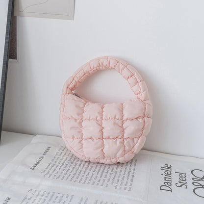Elegant Purple Quilted Circle Phone Purse, Fashion Mini Puffer Tote Bag & Padded Key Pouch in Soft Nylon