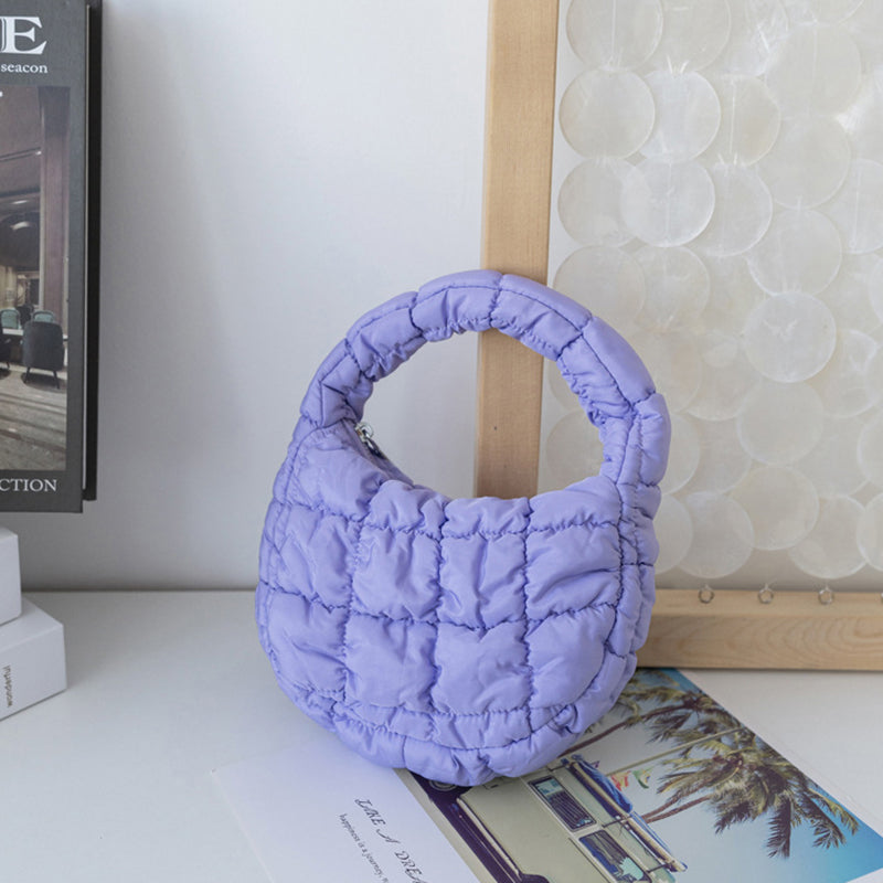 Elegant Purple Quilted Circle Phone Purse, Fashion Mini Puffer Tote Bag & Padded Key Pouch in Soft Nylon