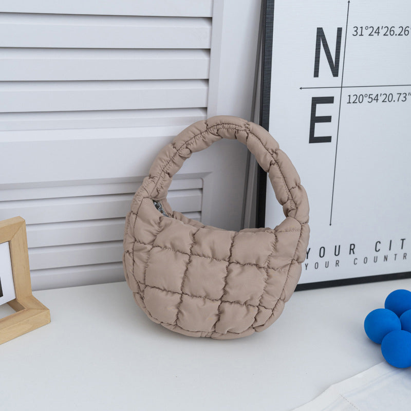 Elegant Purple Quilted Circle Phone Purse, Fashion Mini Puffer Tote Bag & Padded Key Pouch in Soft Nylon