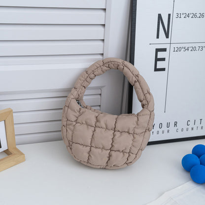 Elegant Purple Quilted Circle Phone Purse, Fashion Mini Puffer Tote Bag & Padded Key Pouch in Soft Nylon