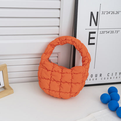 Elegant Purple Quilted Circle Phone Purse, Fashion Mini Puffer Tote Bag & Padded Key Pouch in Soft Nylon